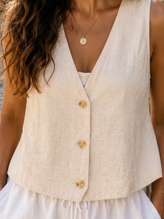 Monteau Tops - Monteau Sleeveless V-Neck Button Front Vest Top - Cream